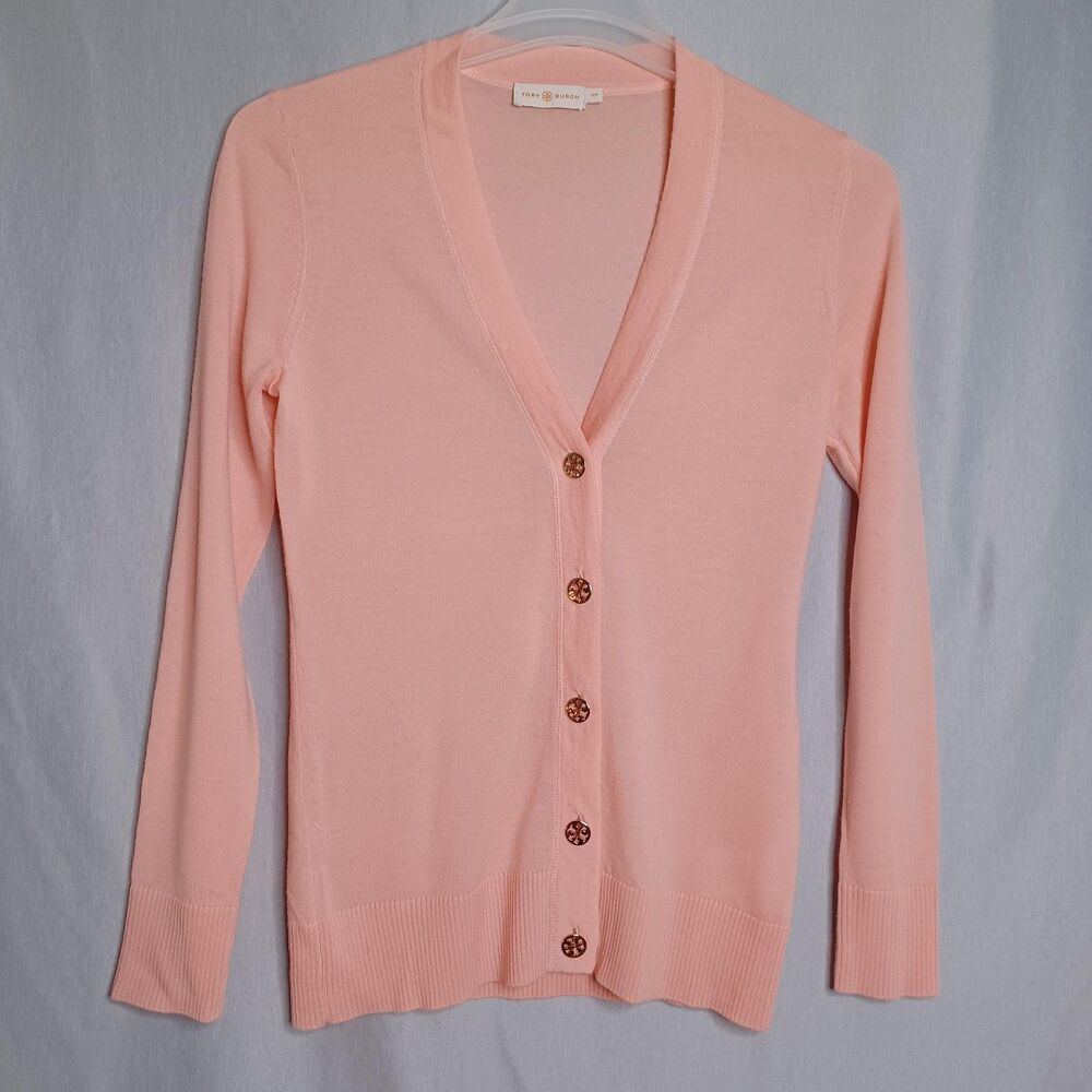 Tory Burch Sweater Womens Small Pink Merino Wool Cardigan Casual Office Preppy
